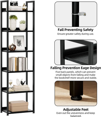 NUMENN Narrow Bookshelf, 6 Tier Bookshelves, Home Office Bookcase Shelf Storage Organizer, Free