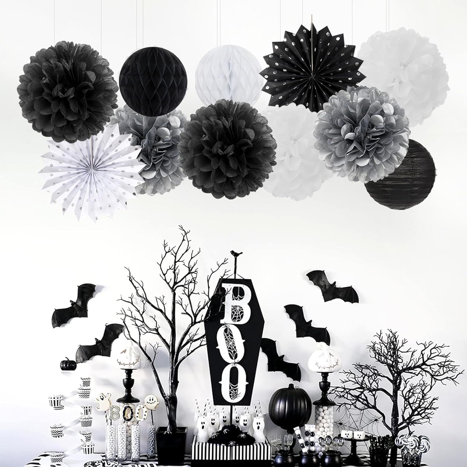 Black White Silver Party-Decorations Streamers-Lanterns - 14pc New Years Graduation 2025 Paper Fan