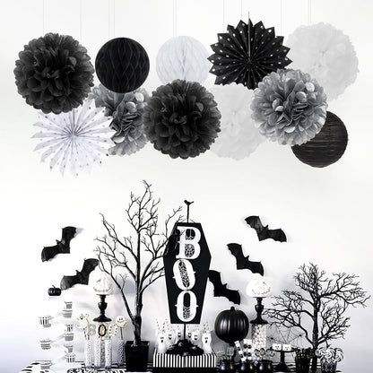Black White Silver Party-Decorations Streamers-Lanterns - 14pc New Years Graduation 2025 Paper Fan