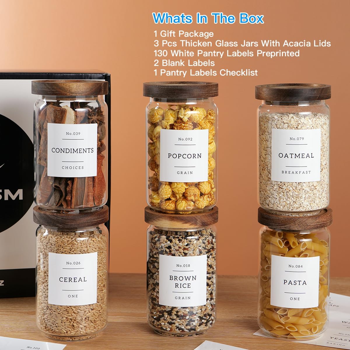 6 Set Glass Pantry Storage Jars with Acacia Airtight Lid - 23oz Thicken Glass Kitchen Canisters