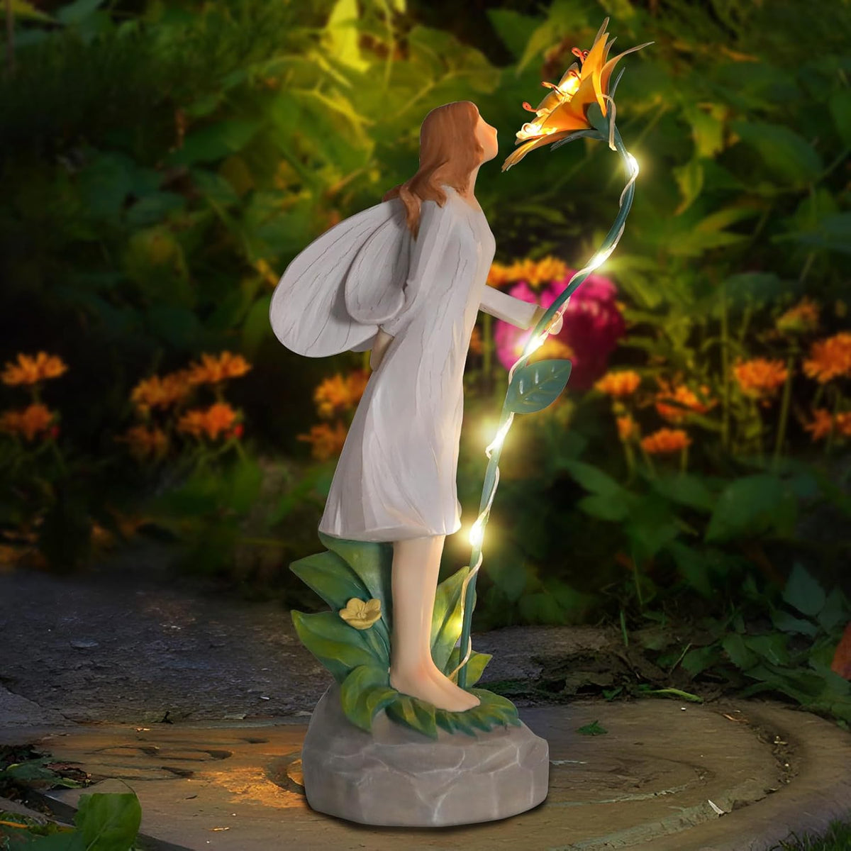 Fairy Garden Statue Outdoor Decor, Solar Powered Garden Sculptures Fairy Resin Statues Waterproof