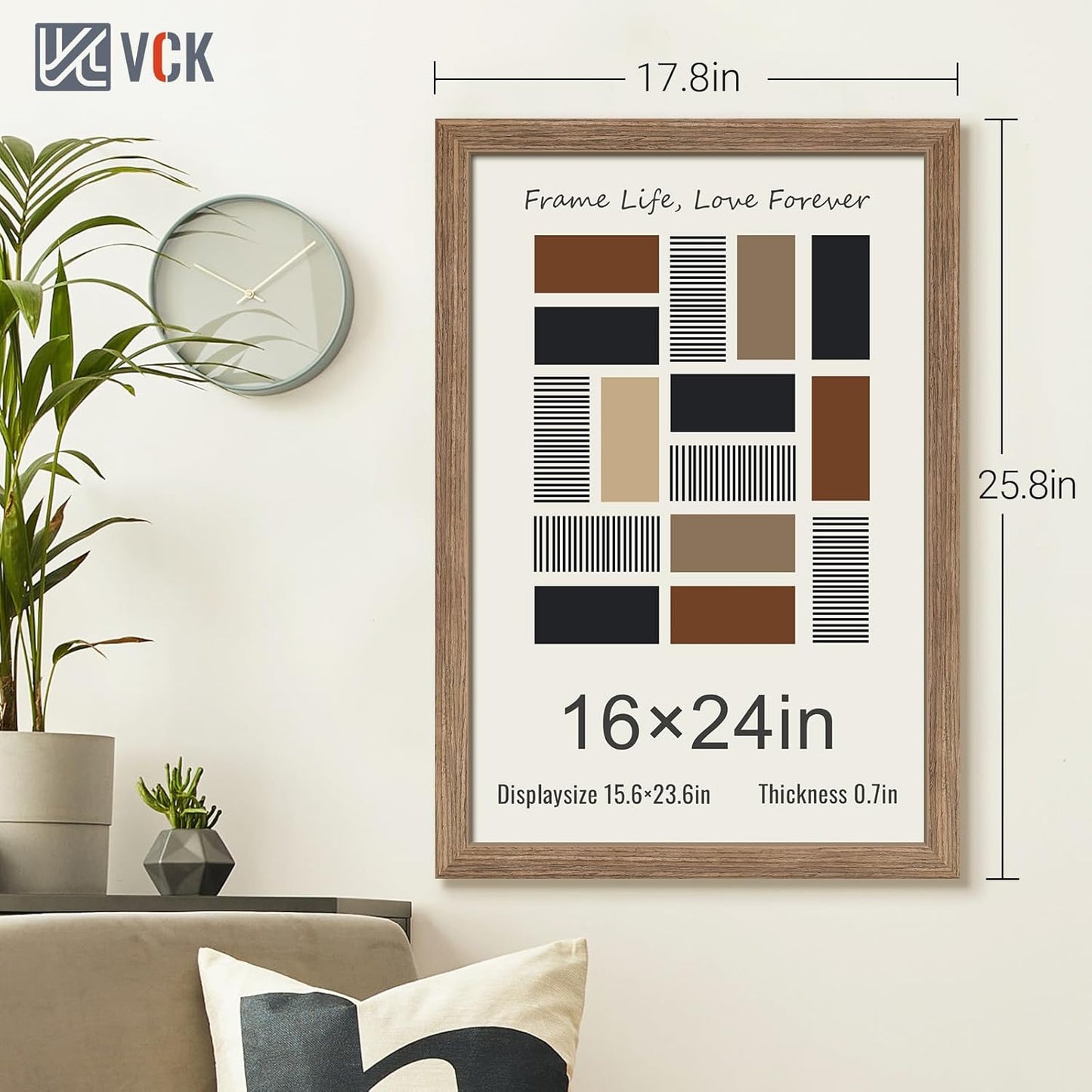 VCK 16x24 Frame 3 Pack - Brown Walnut, Natural Textured Solid Wood Poster Picture Frame, Wall