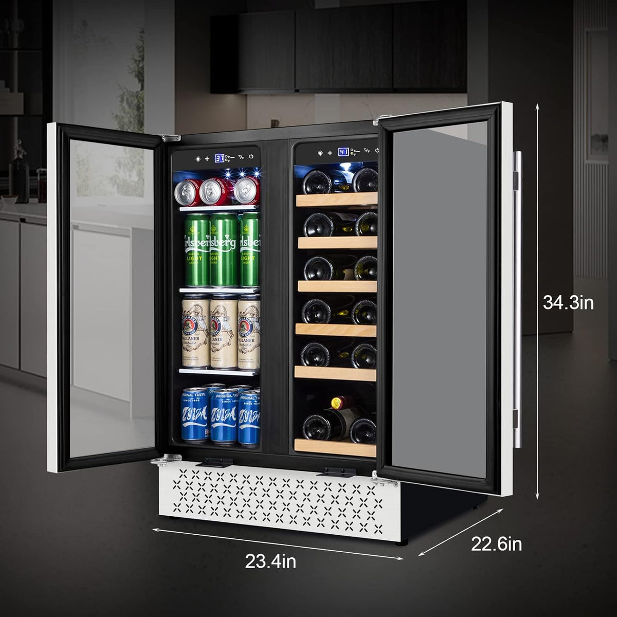 Tylza Wine and Beverage Refrigerator 24 Inch Dual Zone, French Door Wine and Beverage Cooler 24''