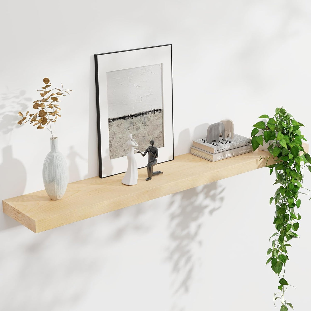 Floating Shelves for Wall, USA-Sourced Maple Wood 48 Inch Long Wall Shelves, Natural Wooden Mounted