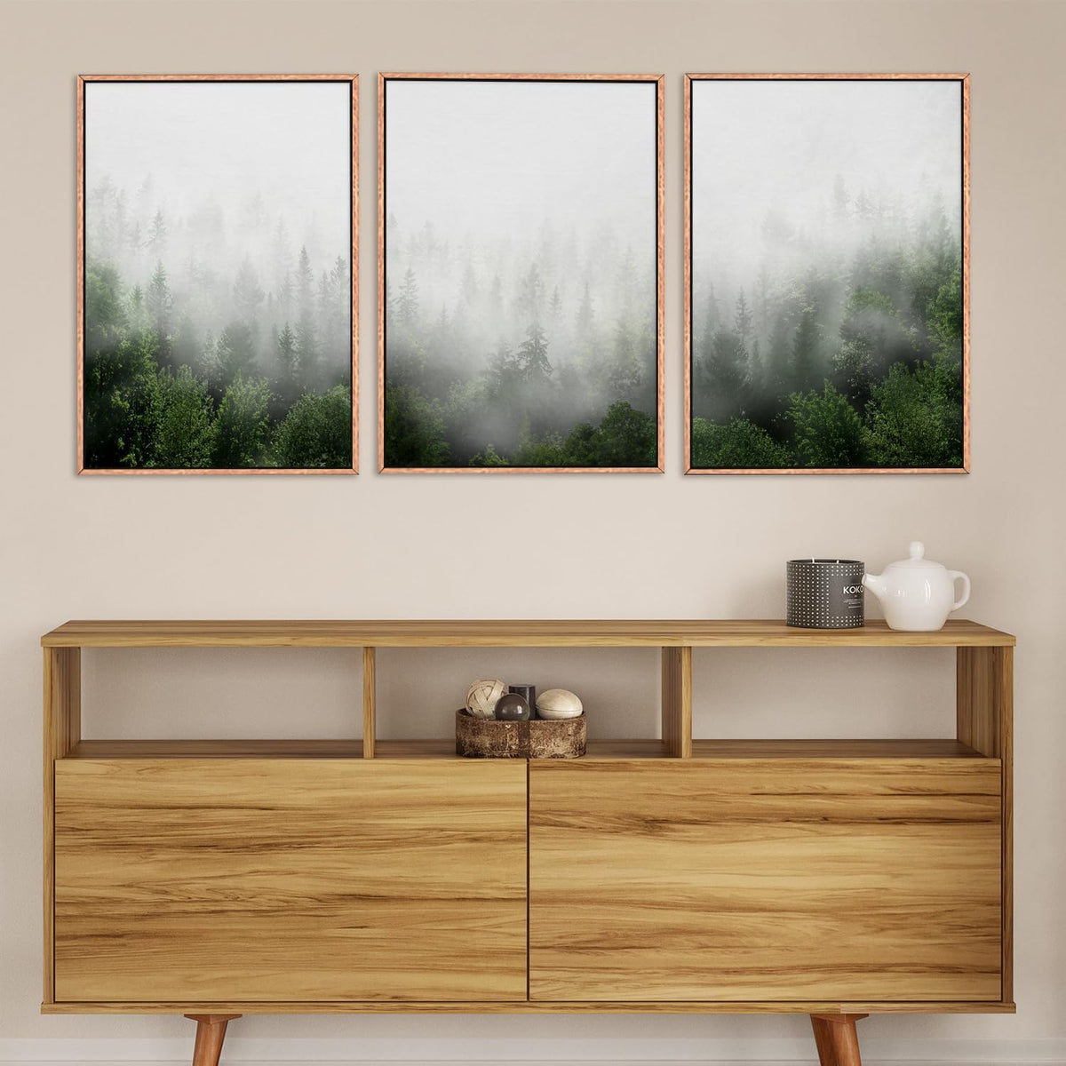 HPINUB Misty Green Forest Framed Canvas Wall Art Set, Nature Scenery Modern Wall Decor, Foggy