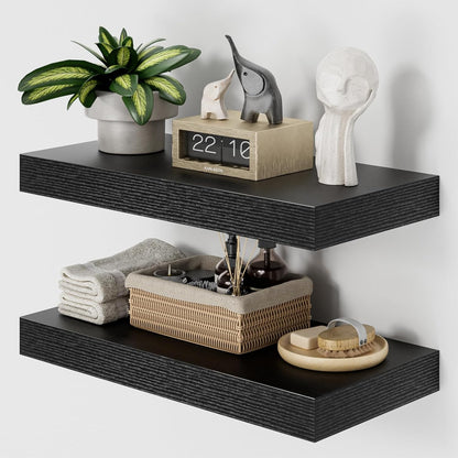 Heimlove 12" Deep Black Floating Shelves for Wall, 24 Inch Wall Shelf Bathroom Shelves Set of 2