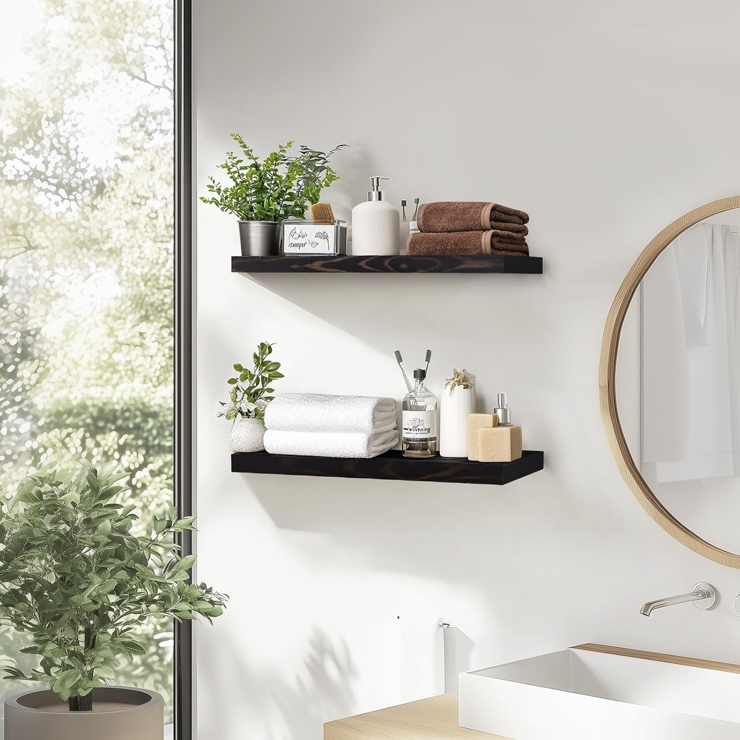 Floating Wall Shelves - 16"x6.8"x1.2" Sturdy Rustic Black Solid Wood Shelves for Storage and Décor