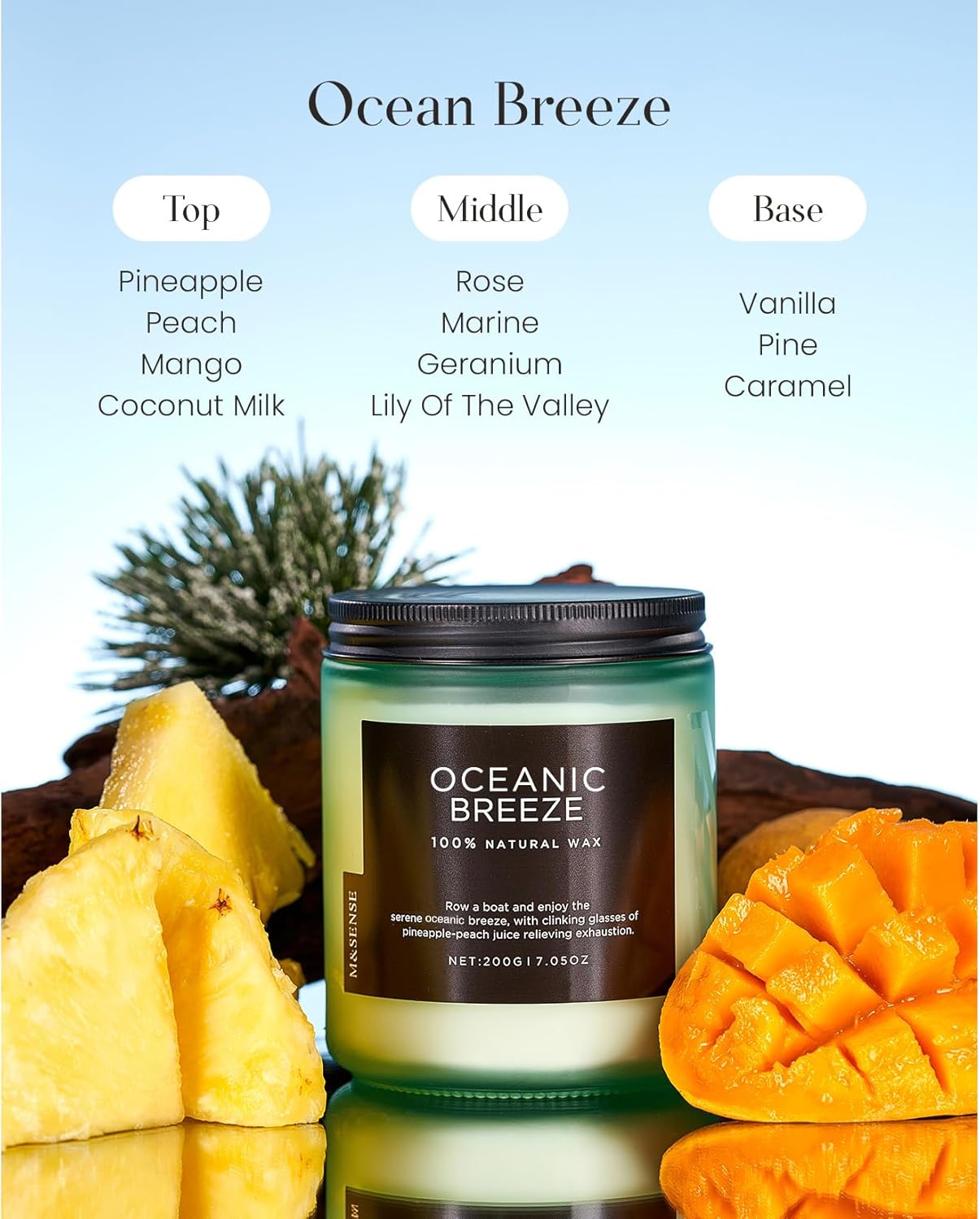 M&SENSE Candle Oceanic Breeze Scented Candle, Long Lasting Pineapple & Mango Scented Natural Soy