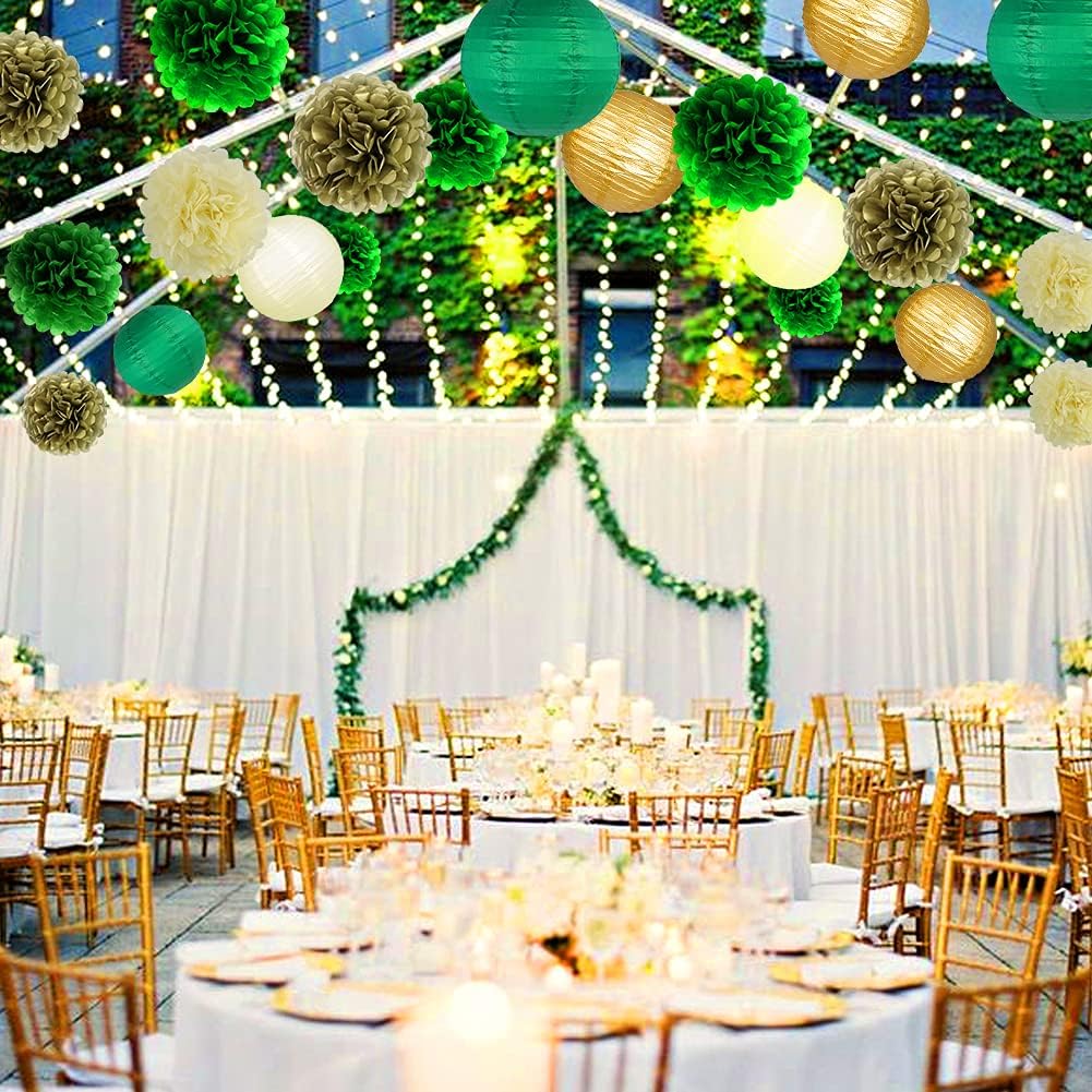Green Gold Party Decorations, Hanging Paper Lanterns and Pom Poms Flowers for Woodland Baby Shower