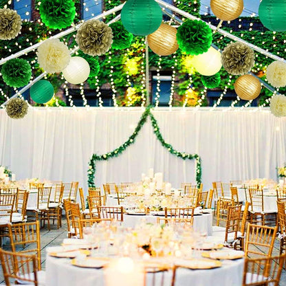 Green Gold Party Decorations, Hanging Paper Lanterns and Pom Poms Flowers for Woodland Baby Shower
