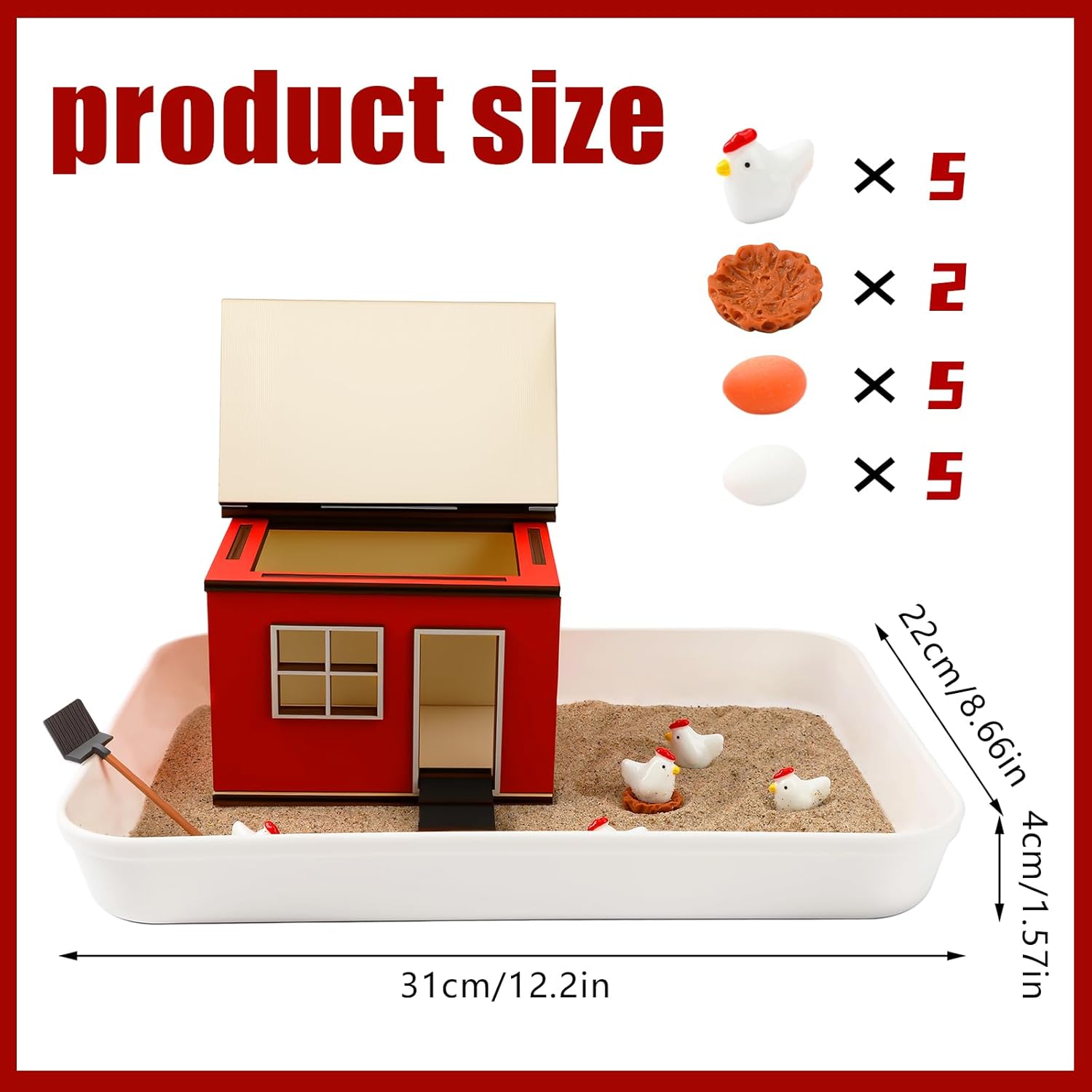 CypherX Chicken Zen Garden Sand Tray Therapy Kit with Miniature Chicken Coop, Hen Figurines Mini