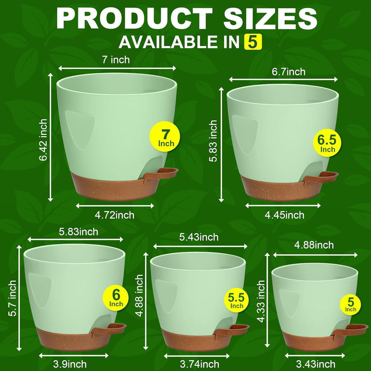 Uneed Indoor Self Watering Planters with Drainage Holes and Saucers, 7/6.5/6/5.5/5 Inch-5 Pots,for