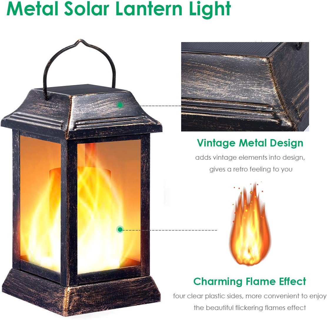 TomCare Solar Lights Metal Flickering Flame Solar Lantern Outdoor Hanging Lanterns Lighting Heavy