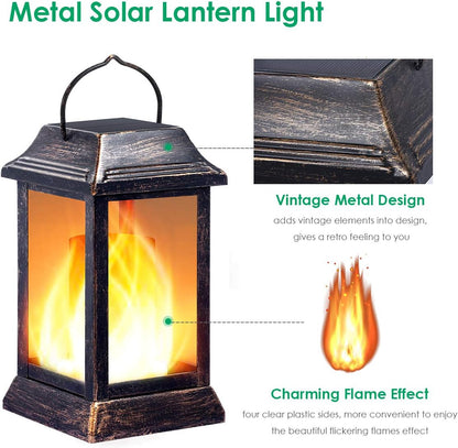 TomCare Solar Lights Metal Flickering Flame Solar Lantern Outdoor Hanging Lanterns Lighting Heavy