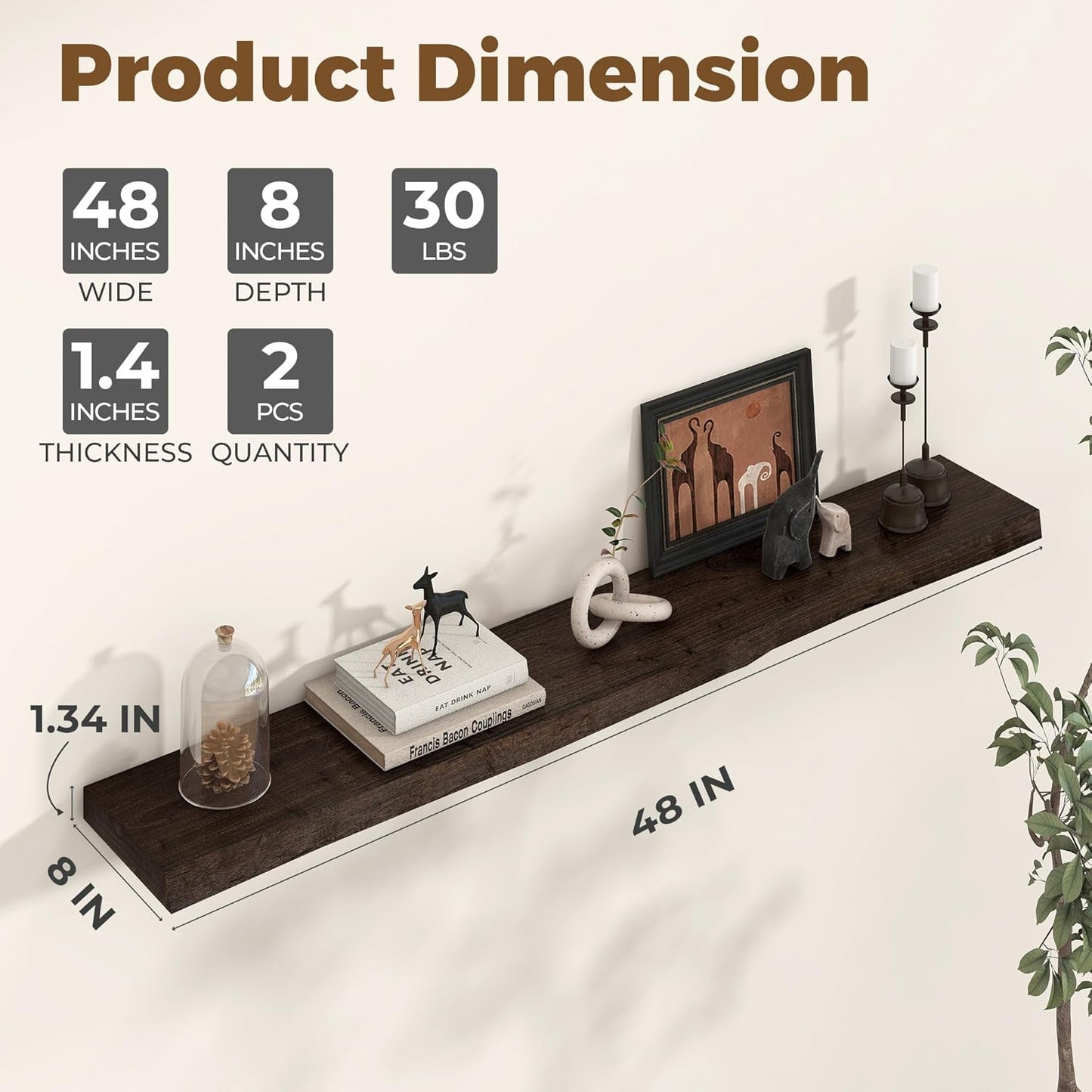 Axeman 48 inch Floating Shelves for Wall - 8'' D Live Edge Rustic Solid Elm Wood Floating Shelves