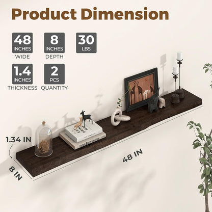 Axeman 48 inch Floating Shelves for Wall - 8'' D Live Edge Rustic Solid Elm Wood Floating Shelves