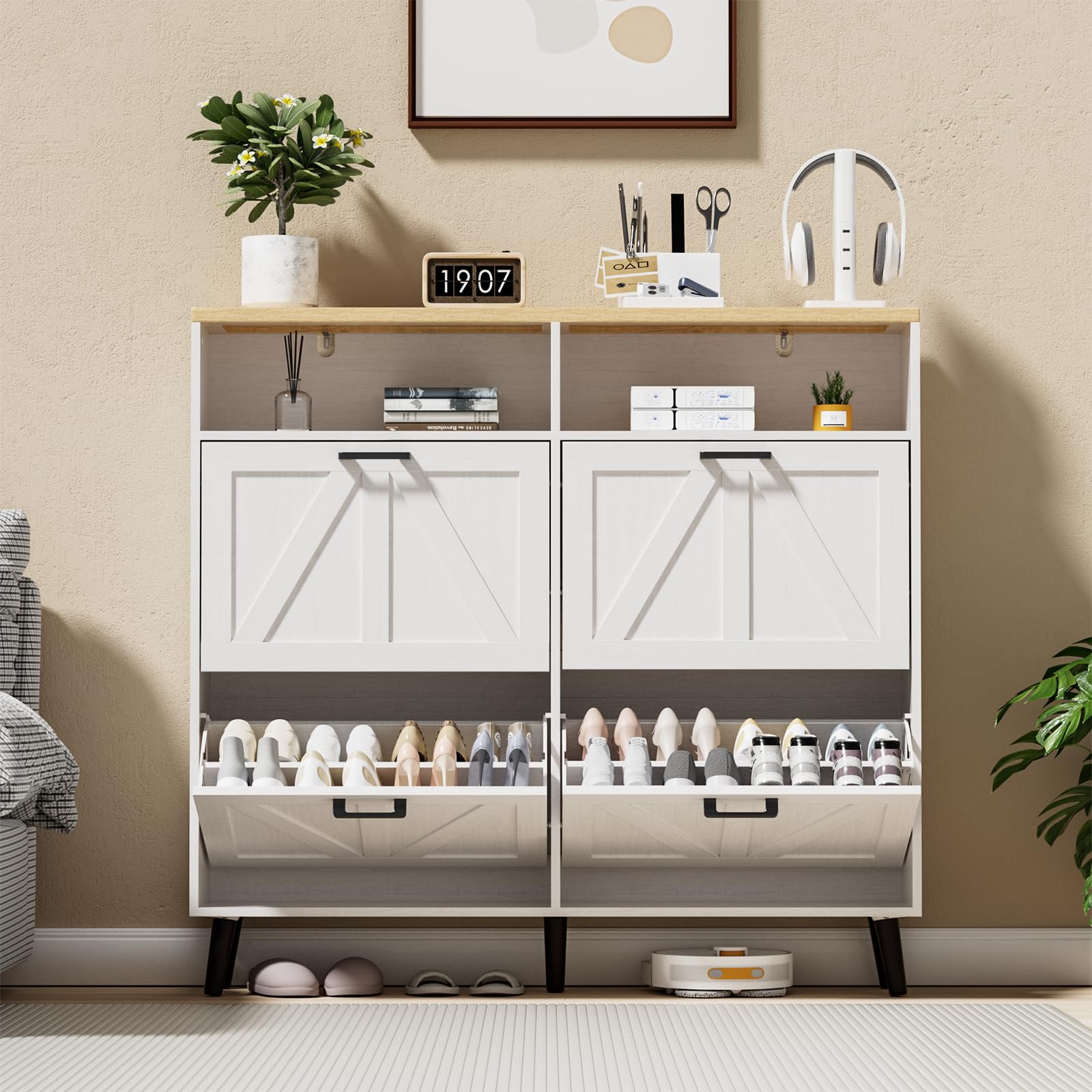 Alaxgumrol Shoe Storage Cabinet for Entryway with 4 Flip Drawers, Farmhouse Narrow Shoe Rack