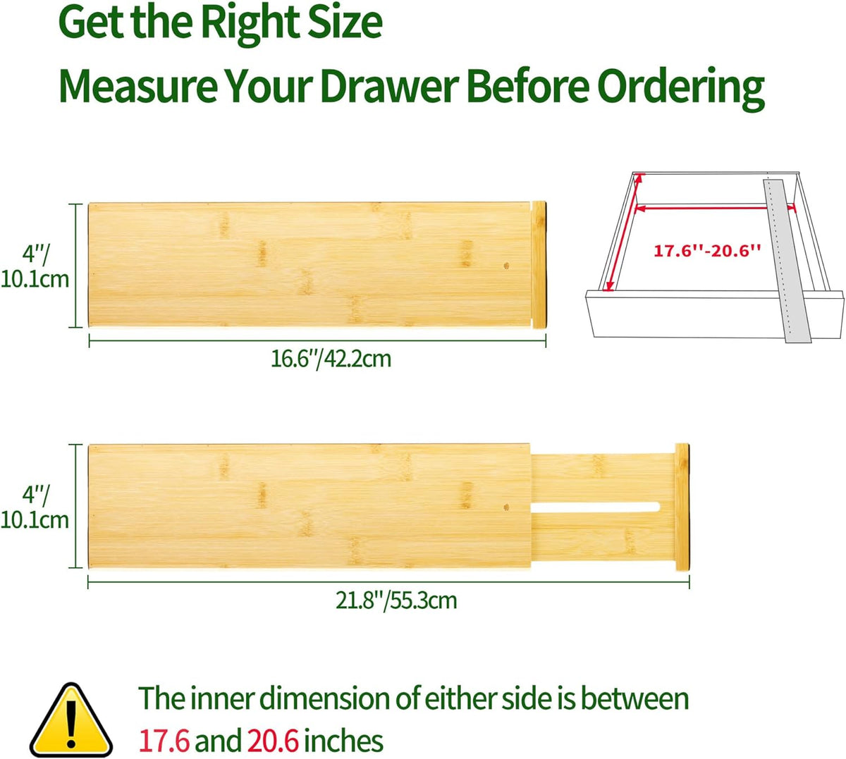 VaeFae 3 Pack Bamboo Drawer Dividers, 4" High Adjustable 16.6" - 21.8" Clothes Drawer Organizers