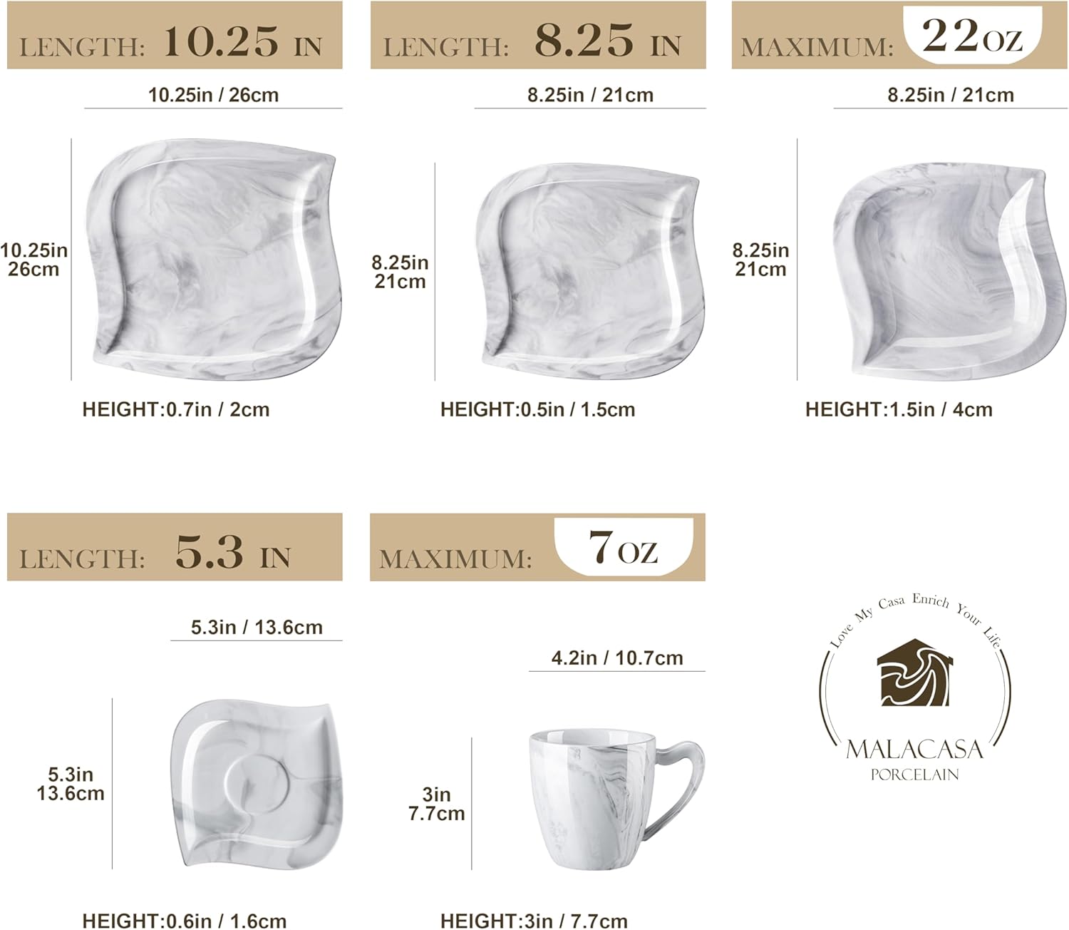 MALACASA Marble Grey Dinnerware Sets, 30-Piece Porcelain Dinnerware Set, Modern Plates and Bowls