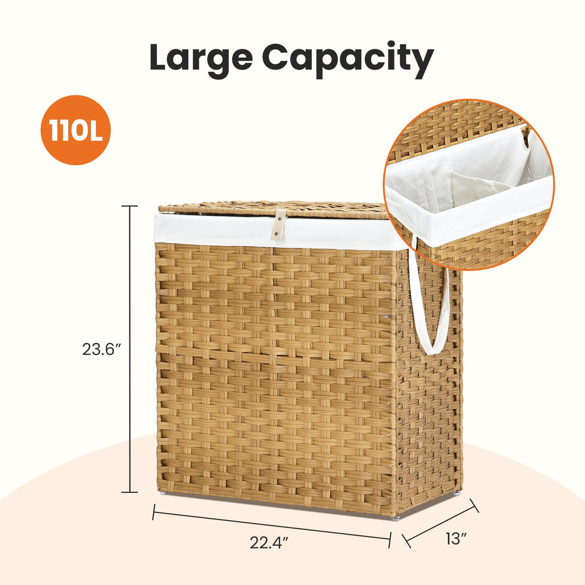 DUMOS Wicker Laundry Basket with Lid, 110L Woven Laundry Hamper with Handles, Foldable Rattan