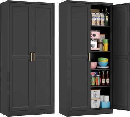 71" Tall Metal Pantry Cabinet, Black Kitchen Pantry Storage Cabinet with 4 Adjustable Shelves and