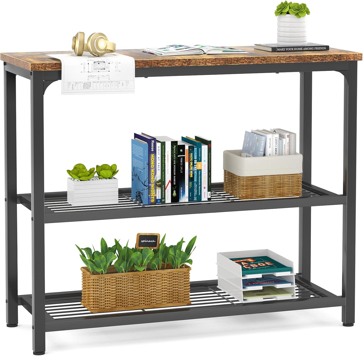 Ecoprsio Small Console Table, Sofa Table with Double Mesh Shelves, Industrial Entryway Table for