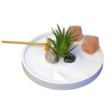 Nature's Mark Mini Zen Garden Kit for Desk with White Sand, Rake, White Base, Salt Rock and Air