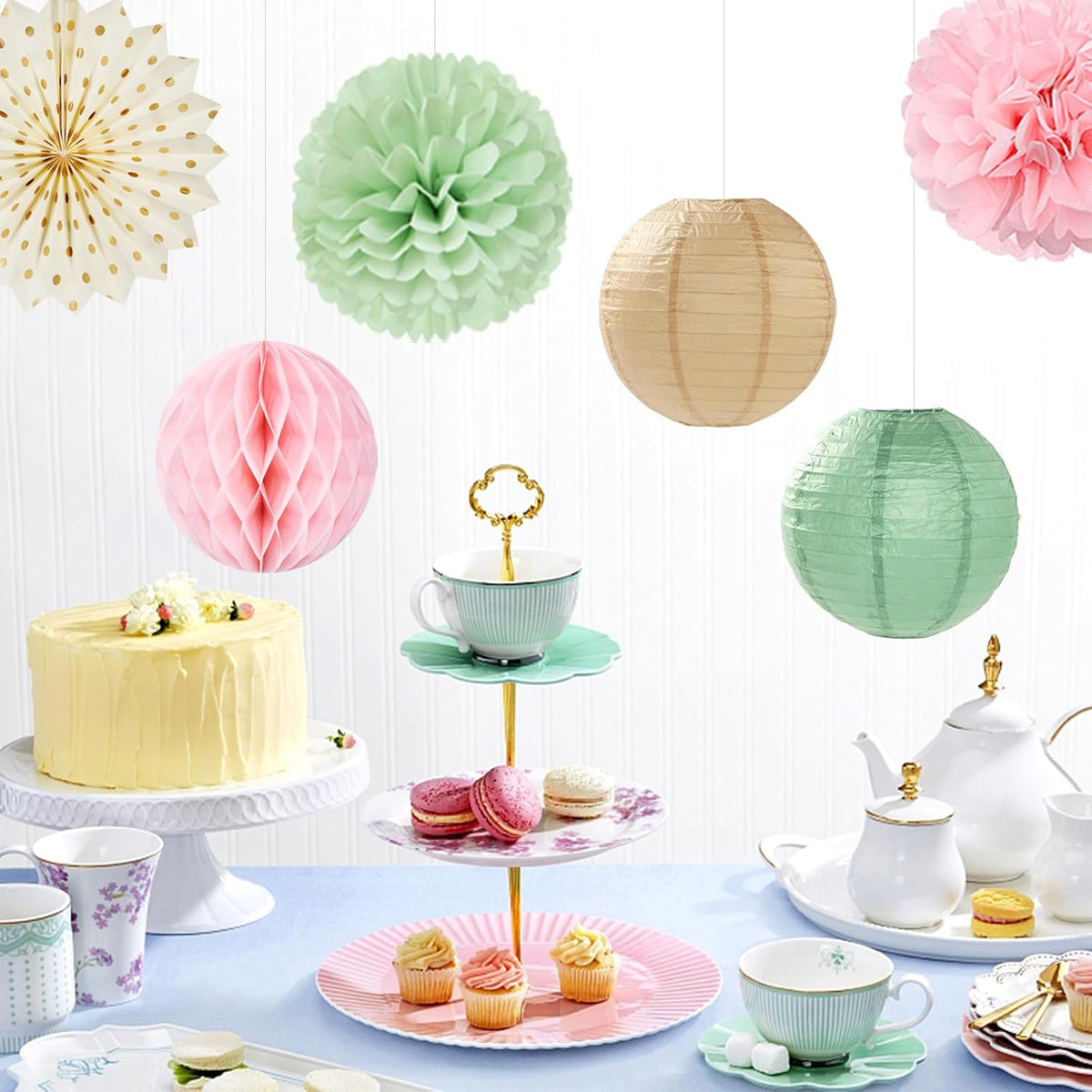 Sage-Green Pink-Champagne Party-Decorations Streamers Lanterns - 14pcs Neutral Baby Shower Paper