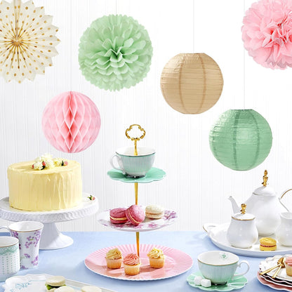 Sage-Green Pink-Champagne Party-Decorations Streamers Lanterns - 14pcs Neutral Baby Shower Paper