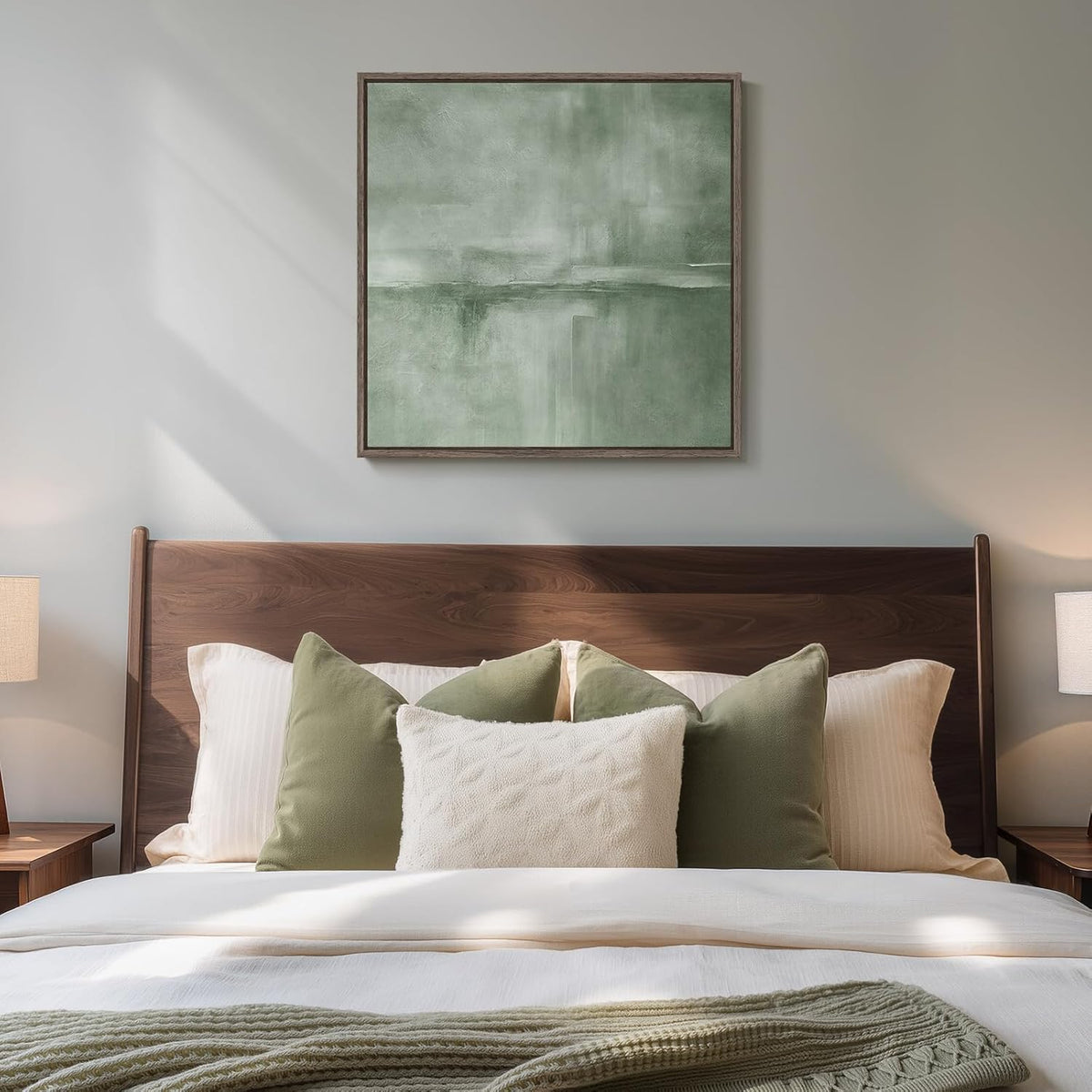 Framed Sage Green Abstract Wall Art, Modern Canvas Prints Artwork for Walls, Square Minimalist