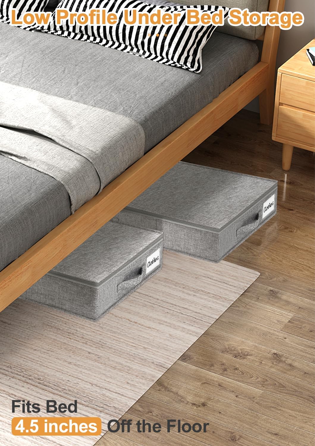 punemi Under Bed Storage Containers, 2 Pack 4.5 Inch Tall Low Profile Underbed Clothes Storage