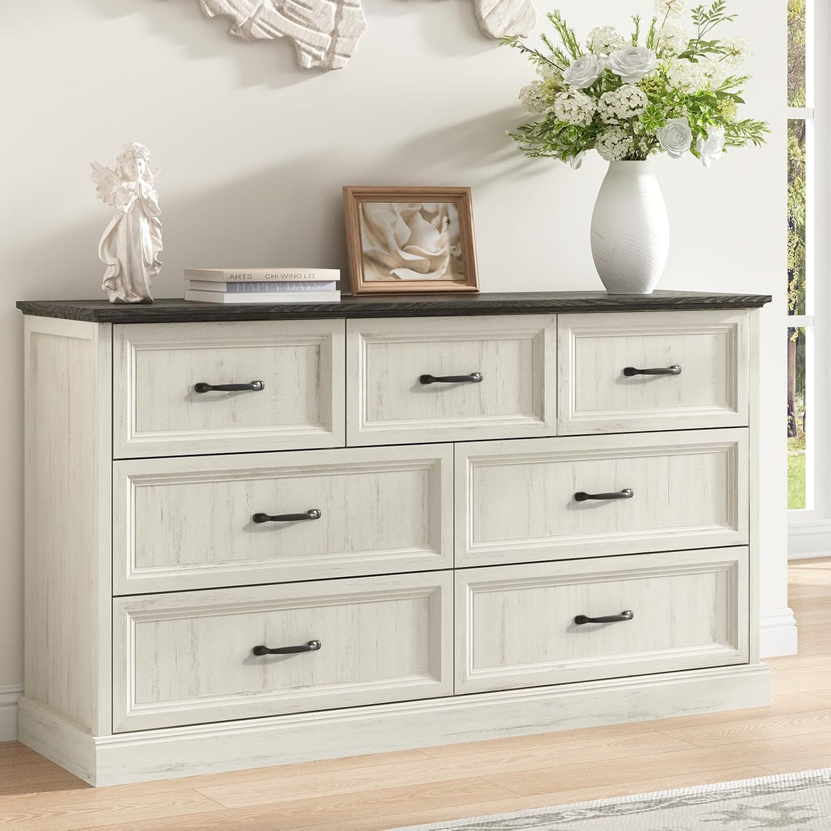 Farmhouse 7 Drawer Dresser for Bedroom, 55 Inch Wide Modern White Dresser TV Stand with Large