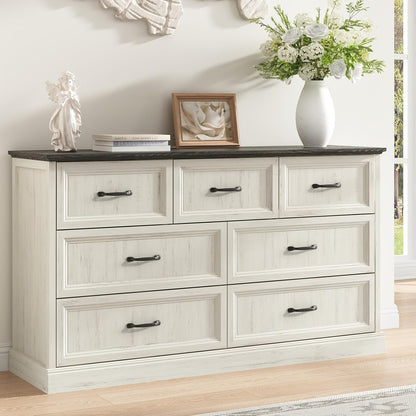 Farmhouse 7 Drawer Dresser for Bedroom, 55 Inch Wide Modern White Dresser TV Stand with Large