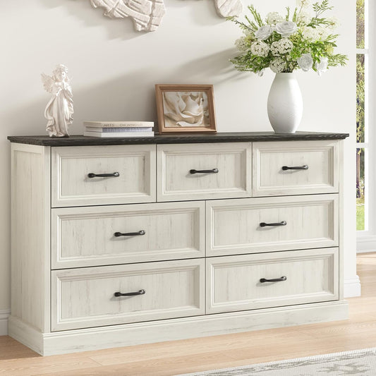 Farmhouse 7 Drawer Dresser for Bedroom, 55 Inch Wide Modern White Dresser TV Stand with Large