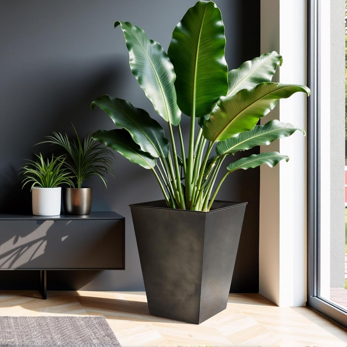 Worth Garden Large Metal Glazed Floor Planter Set of 2-14" Dia x 18" H - Luxurious Glossy Finish