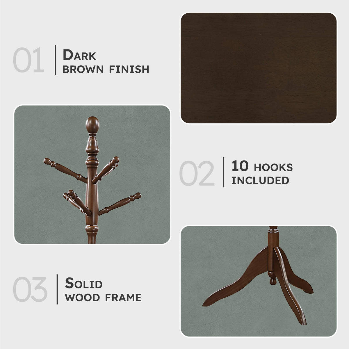 Lexicon Wooden Coat Rack Stand, 3-Tier, 10 Hanging Hooks, Dark Brown