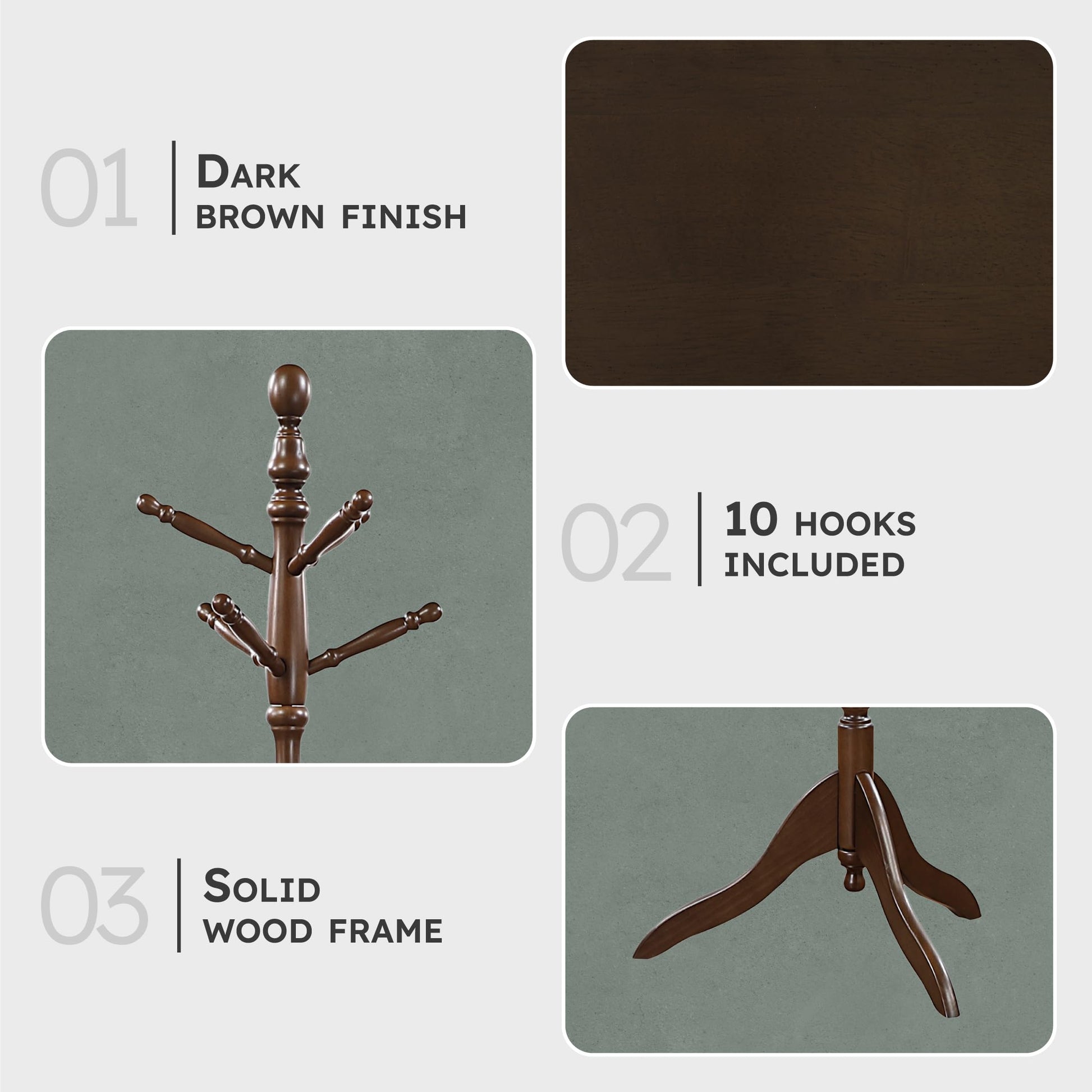 Lexicon Wooden Coat Rack Stand, 3-Tier, 10 Hanging Hooks, Dark Brown