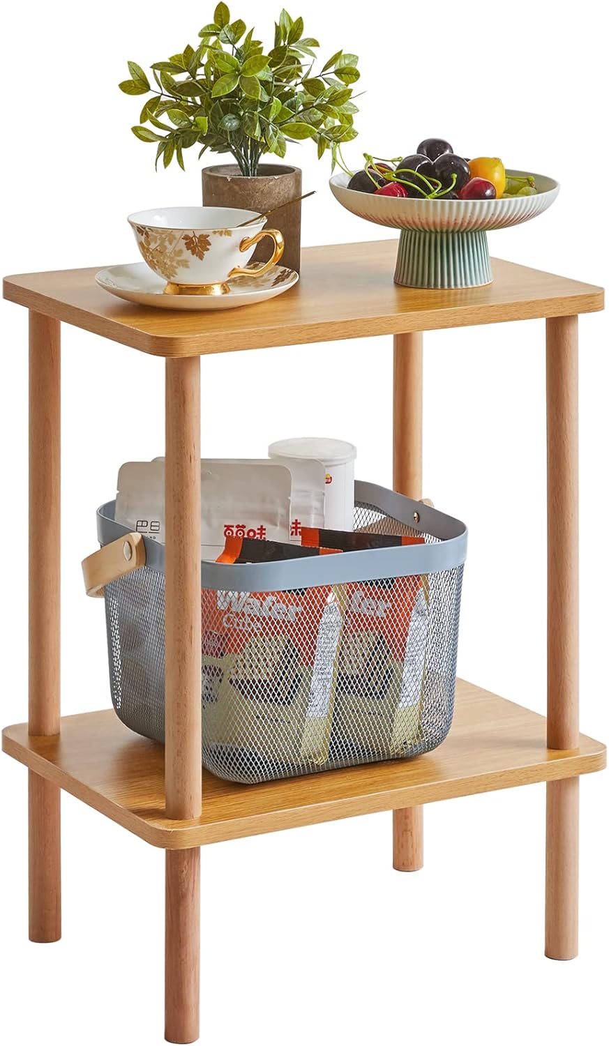IBUYKE 2-Tier Side Table, Solid Wood Tall End Table with Storage Shelves, Nightstand Bedside Table