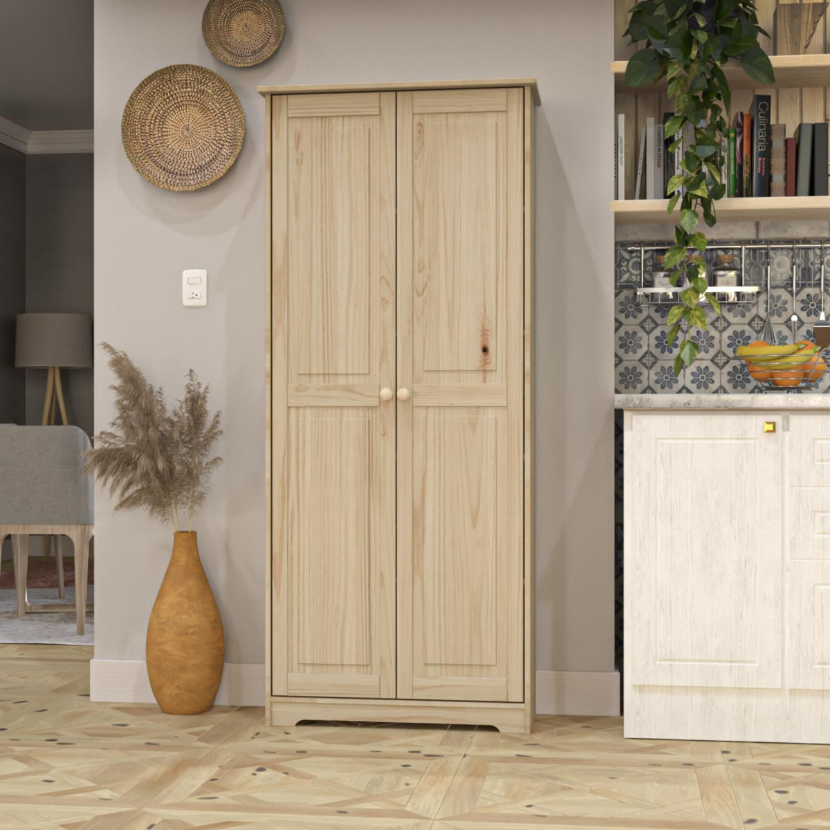 Pantry Cabinet Storage Cabinet with 2 Doors Solid Wood - Adjustable Shelves for Kitchen, Dining