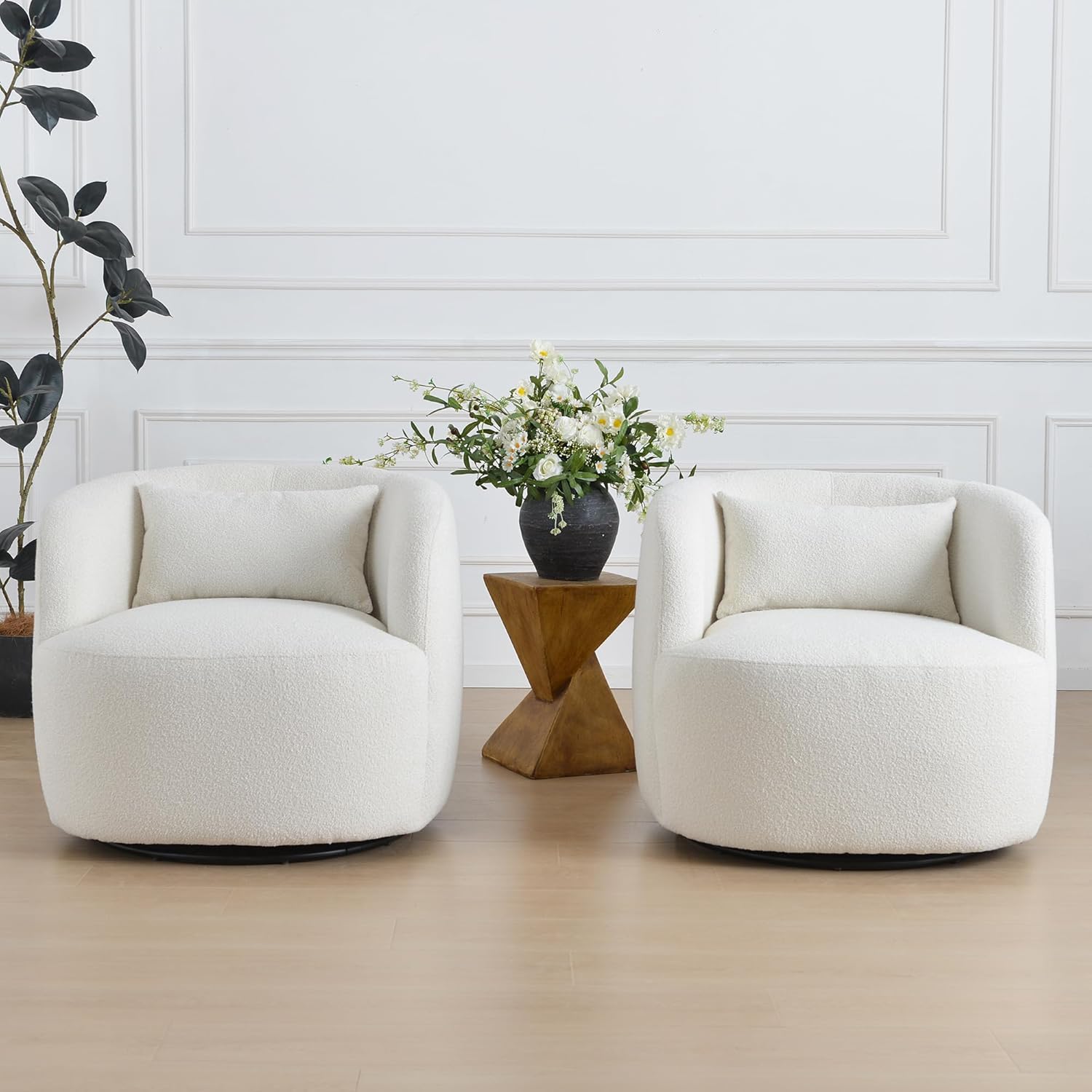 KINWELL 34" Wide Sherpa Swivel Barrel Chairs Set of 2, No Assembly Round Boucle Upholstered Accent
