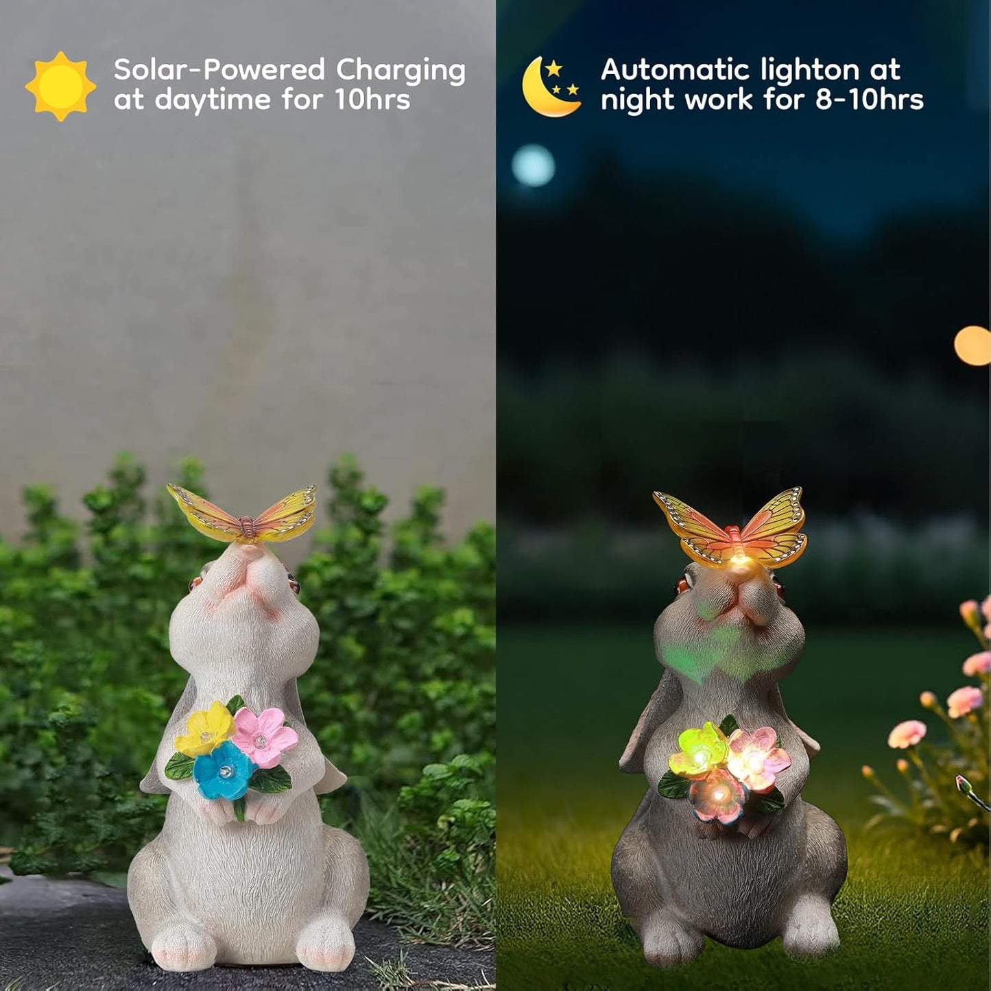 Solar Bunny Statues Light for Garden - Color-Changing Rainbow LED Butterfly,Rabbit Figurine Decor