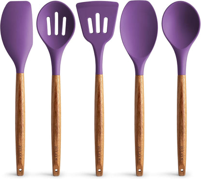 Zulay Kitchen Non-Stick Cooking Utensils Set with Authentic Acacia Wood Handles – 5-Piece Durable &