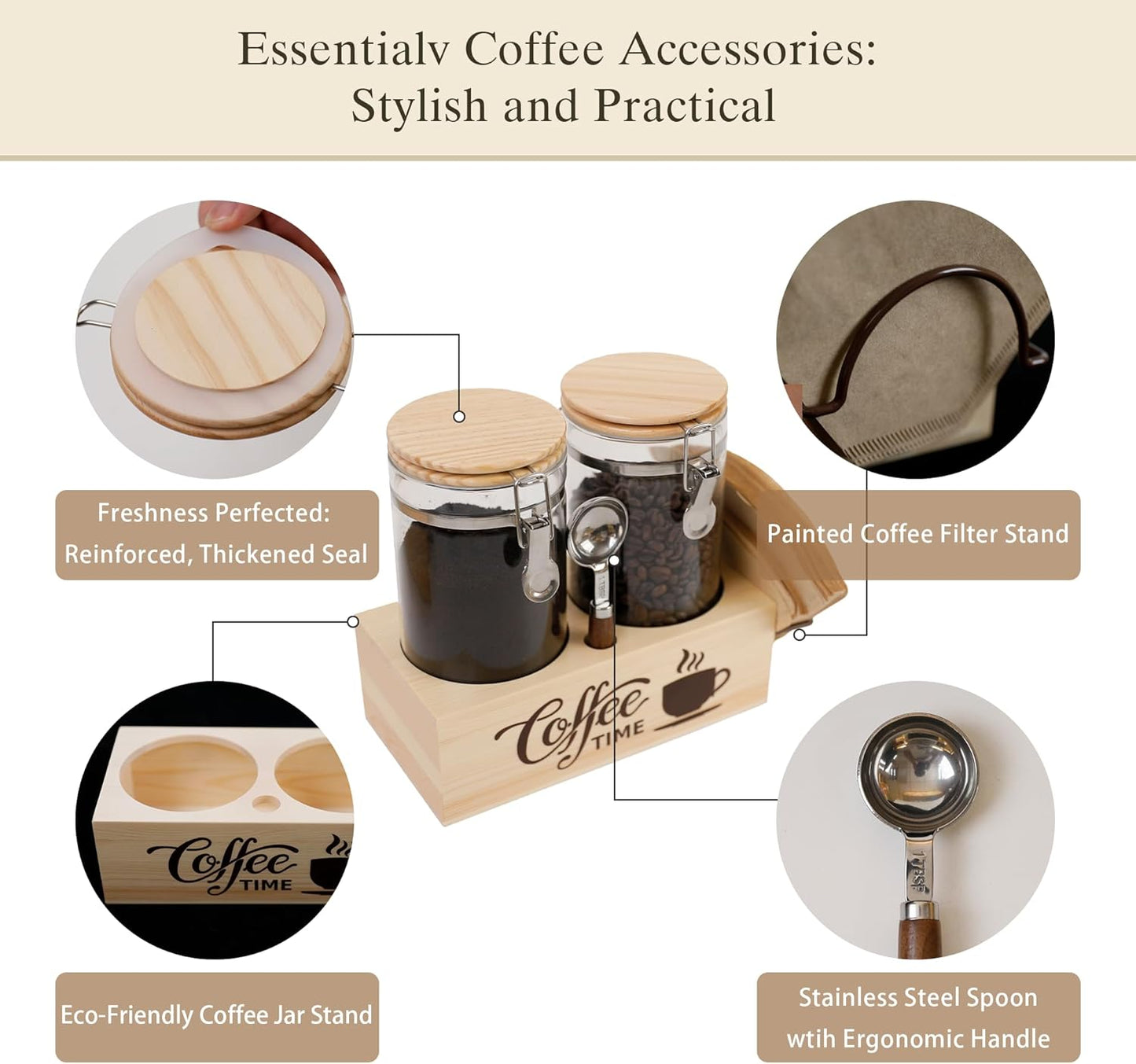 Glass Coffee Canister Set with Shelf & Spoon 2 Piece Coffee Containers for Coffee Bean Storage