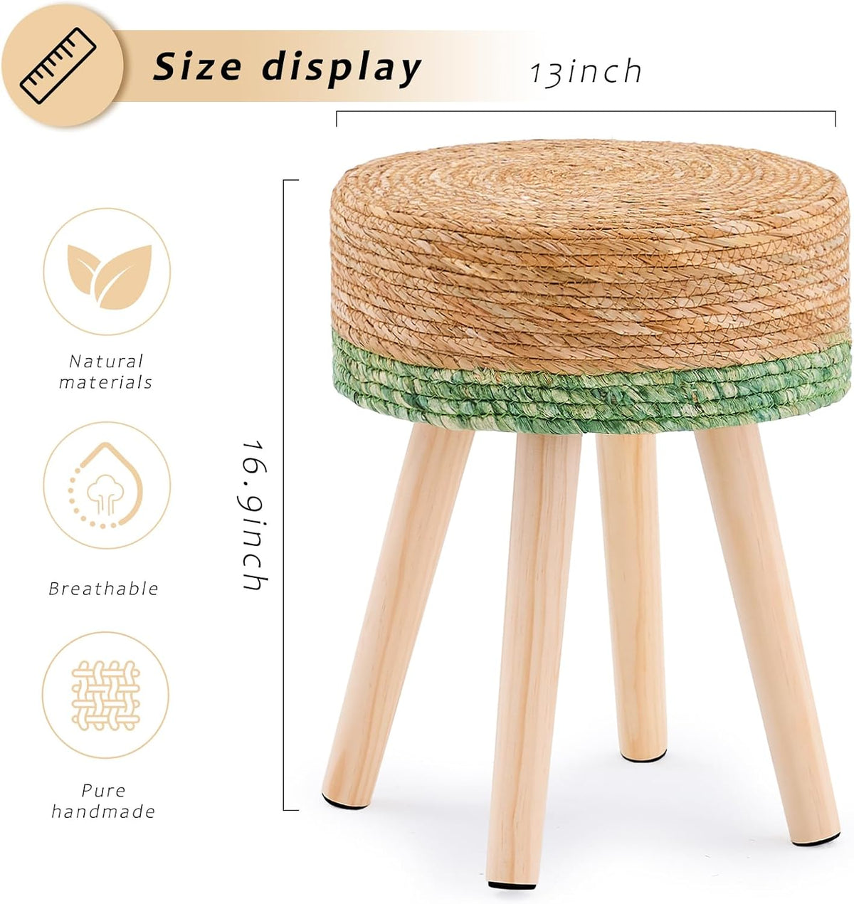 Handwoven Outdoor Ottoman, Water Hyacinth Pouf Round Patio Footstool with Wood Legs, 17-Inch