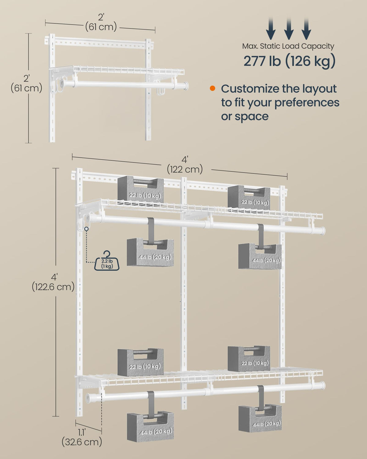 SONGMICS HOME Closet System, Closet Insert Organizer, 3-6 ft Closet Shelves