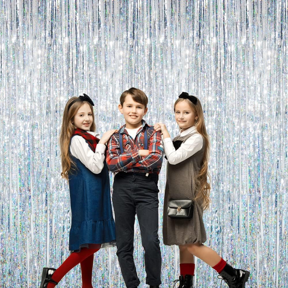 GOER 3.2 ft x 9.8 ft Metallic Tinsel Foil Fringe Curtains Party Photo Backdrop Party Streamers for