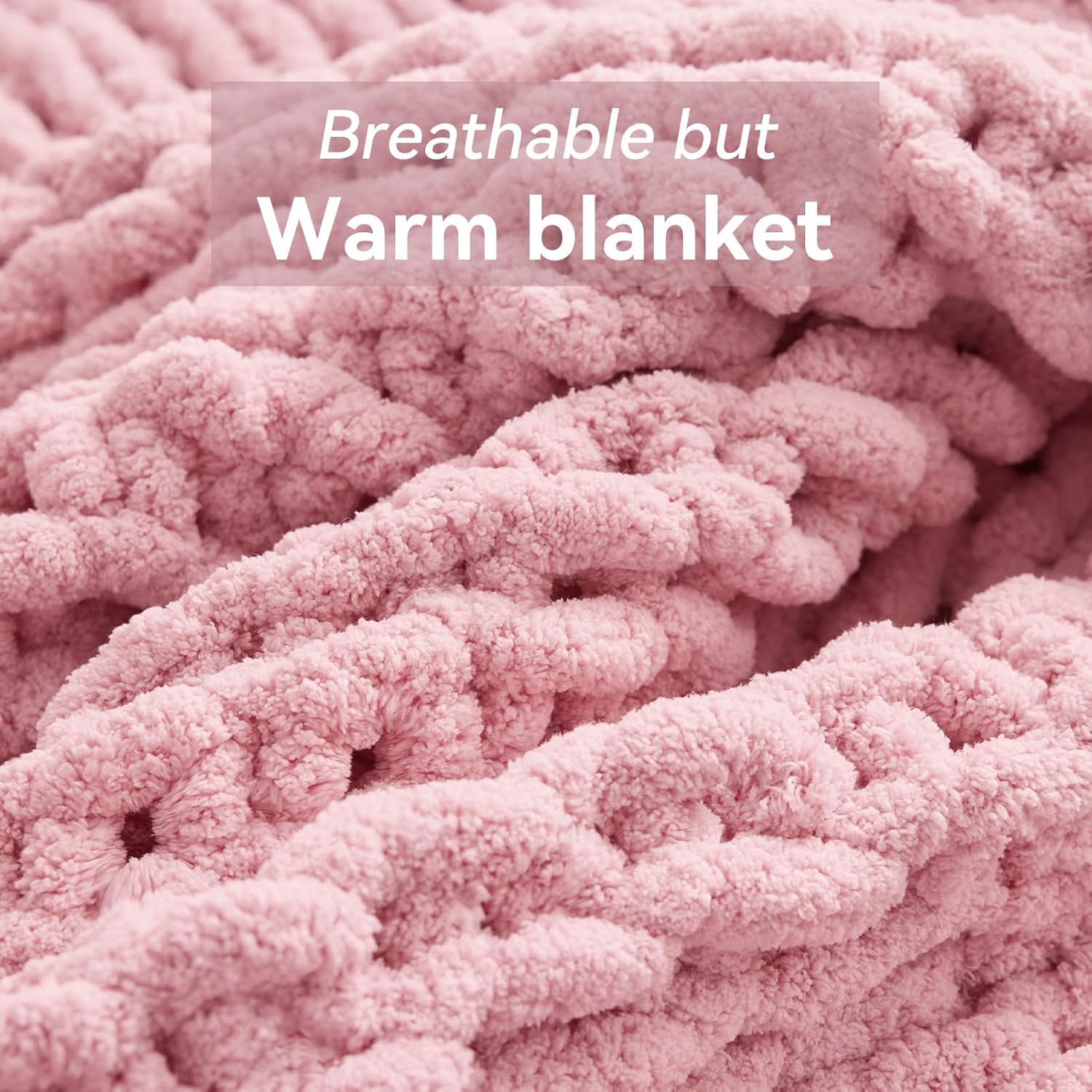 Chunky Knit Throw Blanket, 60''*80'' Knitted Throw Chenille Yarn for Bed Couch, Handmade Light Pink