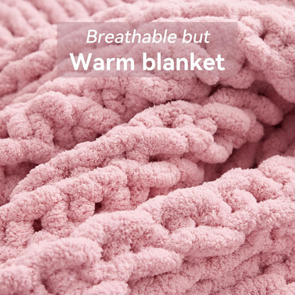 Chunky Knit Throw Blanket, 30''*40'' Knitted Throw Chenille Yarn for Bed Couch, Handmade Light Pink