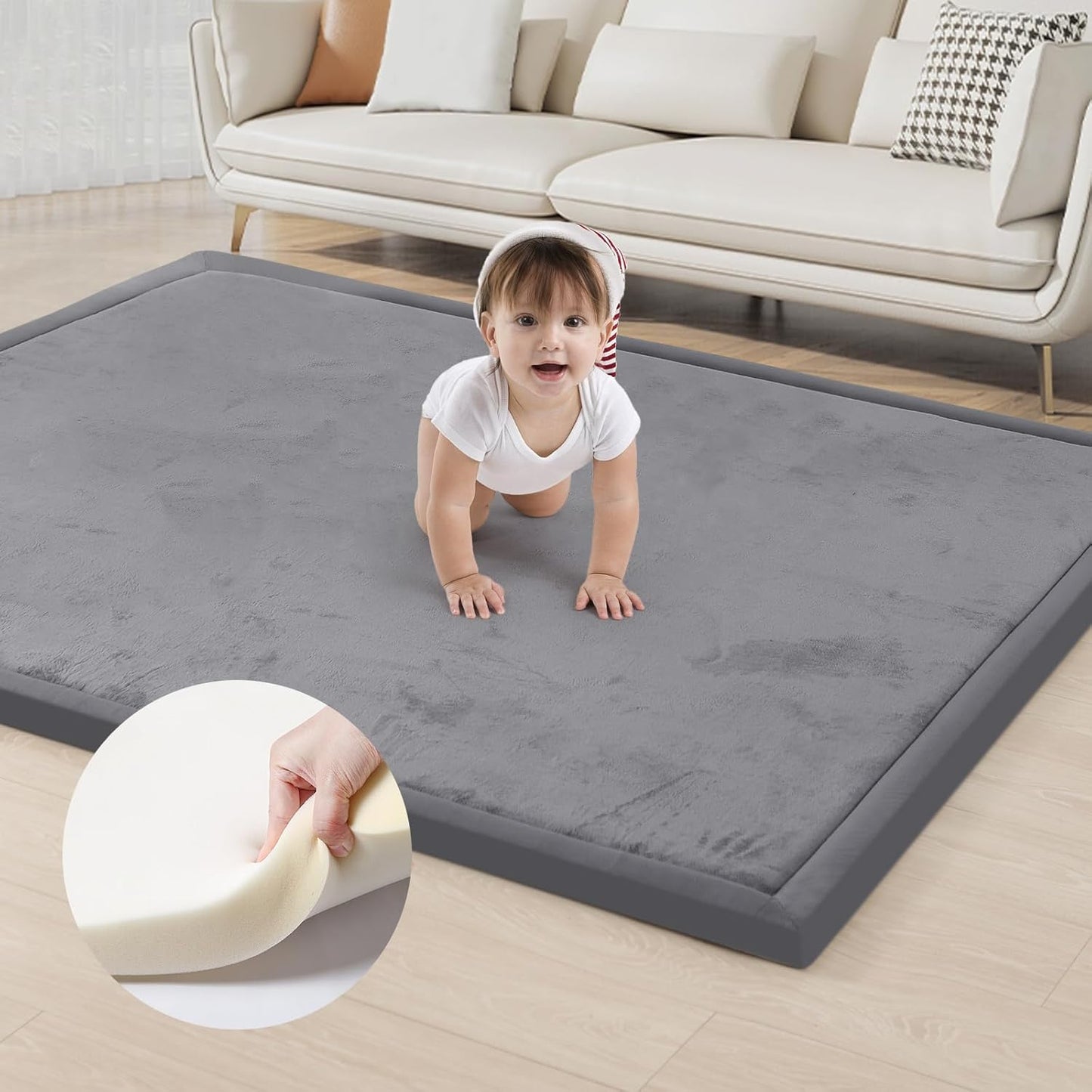 ACOMOPACK Baby Play Mat for Floor 1.3" Thick Memory Foam Play Mat 59"×71" Tummy Time Crawling with