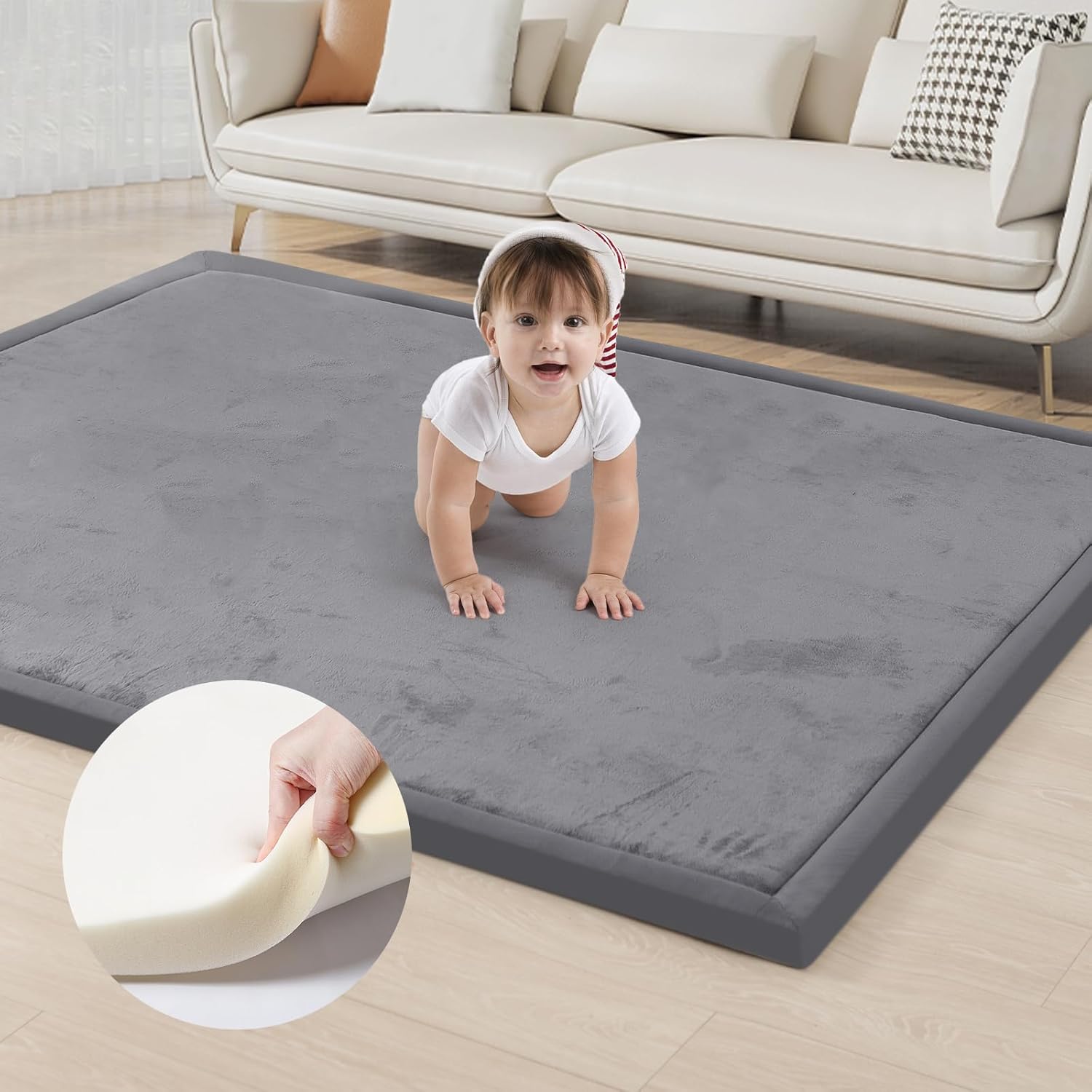 ACOMOPACK Baby Play Mat for Floor 1.3" Thick Memory Foam Play Mat 59"×71" Tummy Time Crawling with